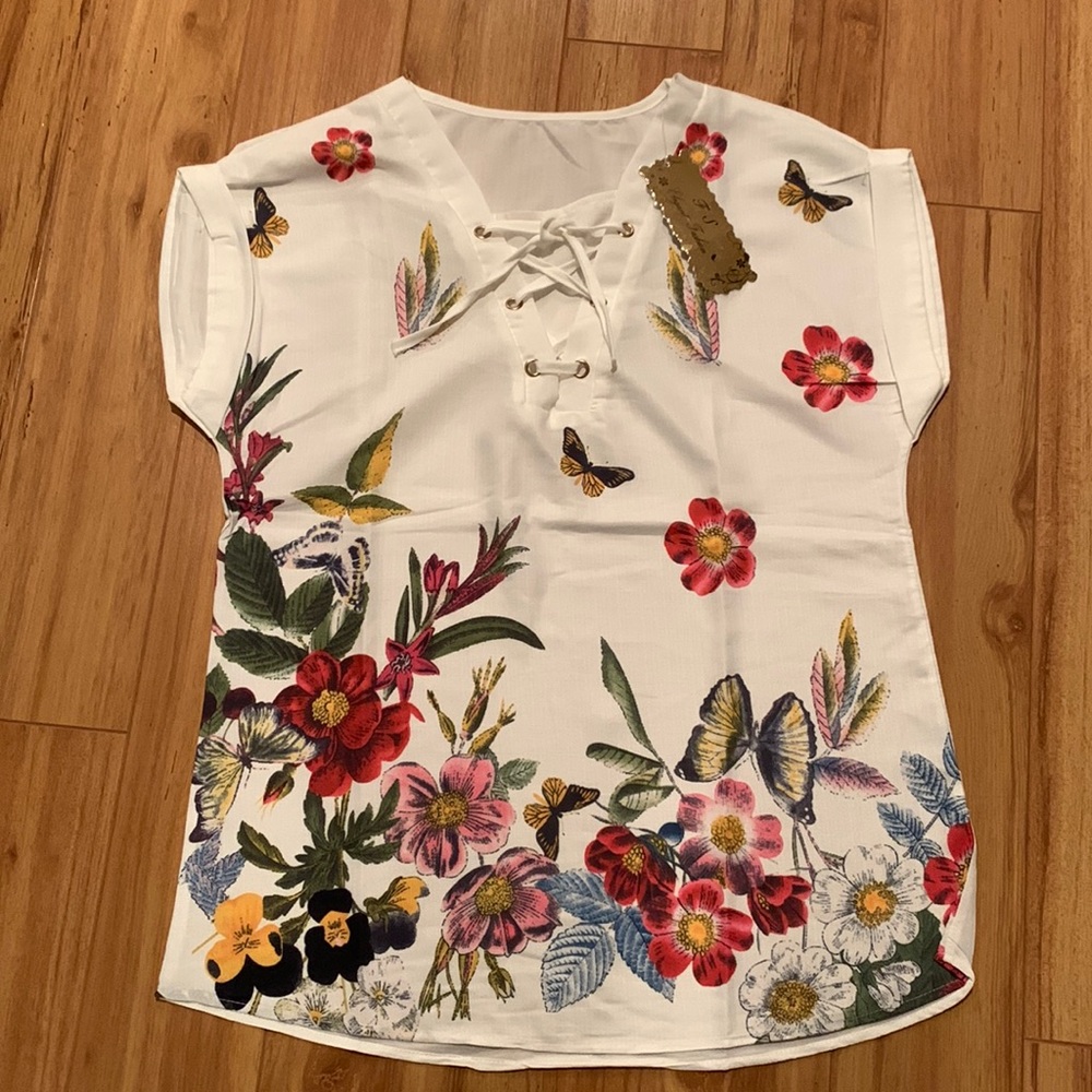 Floral Lace-Up White Blouse with Butterfly Print